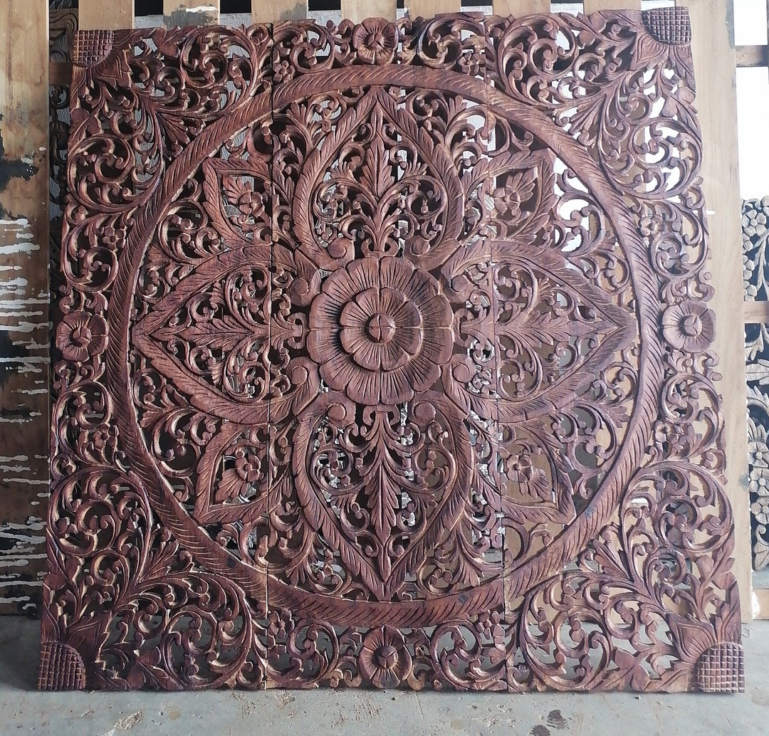 Reclaimed Mandala Headboard Queen 90 X 90 Cm Wood Carving Panel Teak