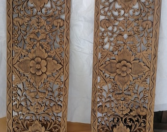2 Pcs Wood Carving Panel 14 x 36 inches Natural Color Mandala Wood Carved Panel Wall Art Hanging Lotus wooden Panel Wall Decor
