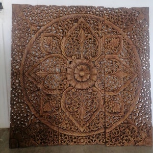 Dark Brown Natural Color Mandala Wood Carved Panel 90 x 90 Cm Lotus woodn Plaque Teak Wood Carving Wall Hanging Wall Decor Asian Art