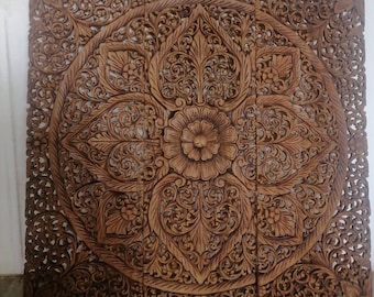 Dark Brown Natural Color Mandala Wood Carved Panel 90 x 90 Cm Lotus woodn Plaque Teak Wood Carving Wall Hanging Wall Decor Asian Art