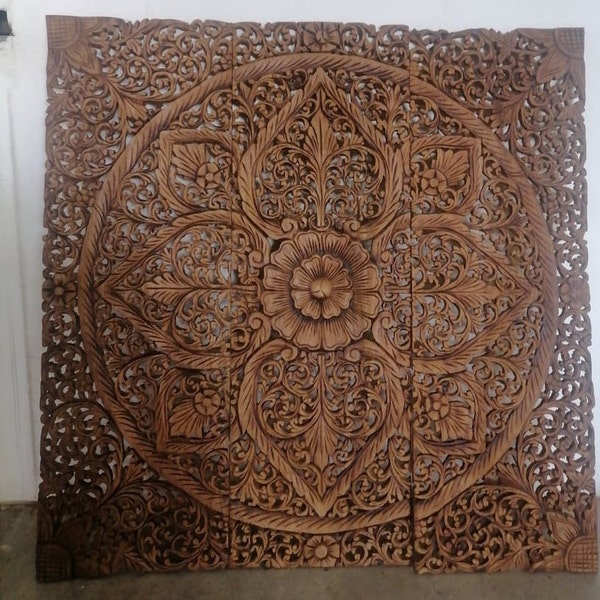 Dark Brown Natural Color Mandala Wood Carved Panel 90 x 90 Cm Lotus woodn Plaque Teak Wood Carving Wall Hanging Wall Decor Asian Art