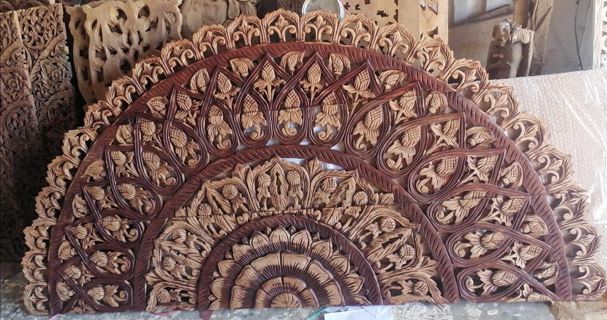 Reclaimed Wood Mandala wood carving panel 40 x 80 inches half dome Headboard king Asian Art Thai Wood Wall Art Decor Wall Hanging Teak