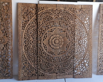 Mandala Headboard King Natural Color Wood Carving Panel 74 x 48 pulgadas Set of Wood Carved Panel California King Wall Decor Asian Art