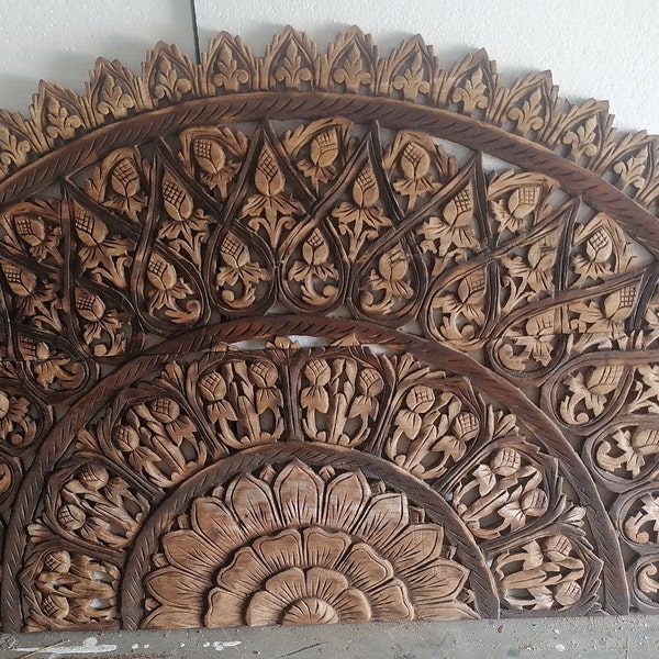 Reclaimed half dome headboard mandala paint in natural color 30 x 60 inches queen headboard in natural brown color round mandala wood carved