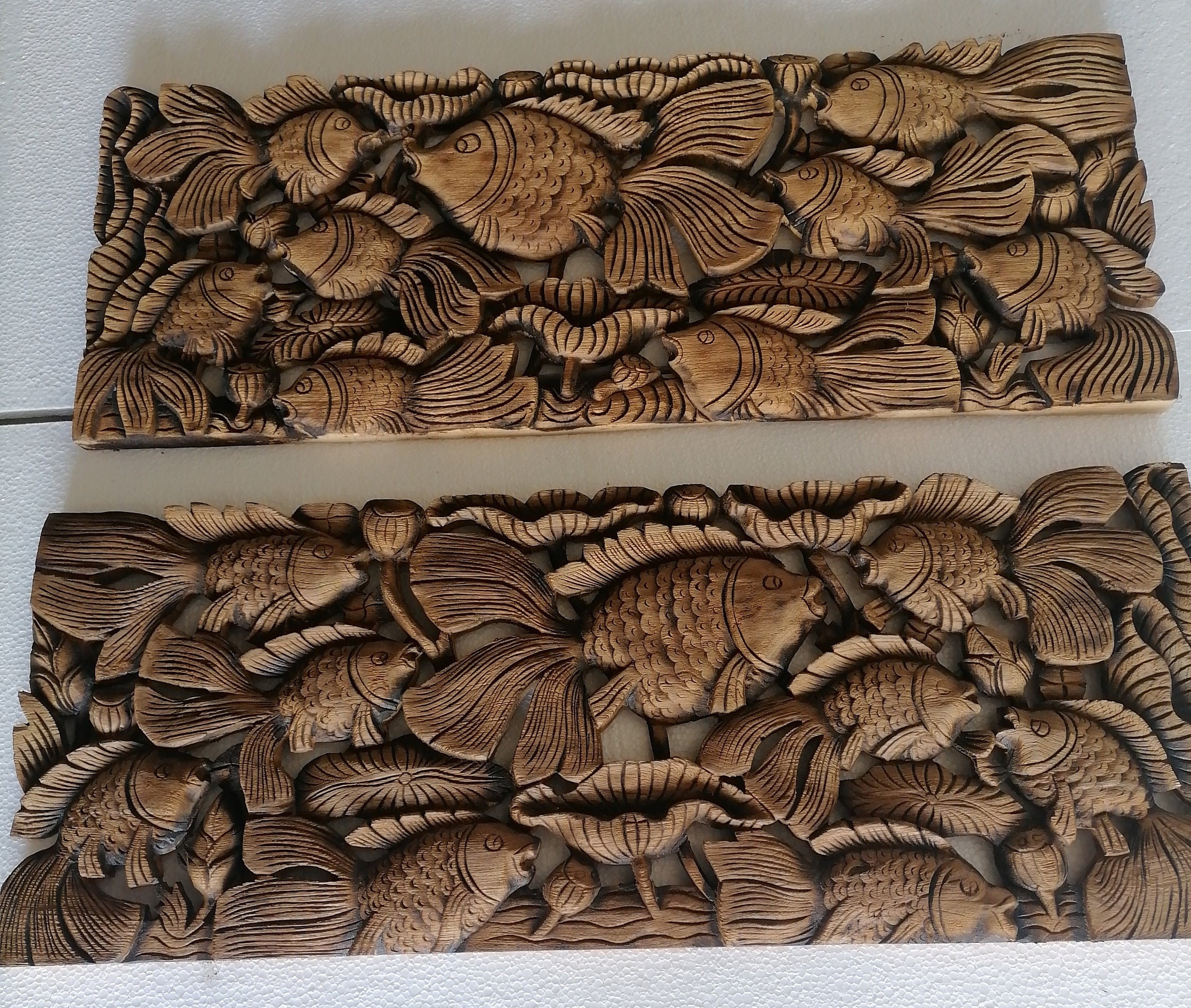 2 Pcs Fish Wood Carved Panel 14 x 36 inches Natural Color Wood Carving Panel Traditional Thai Wood Carve Wall Art Hanging Asian Art