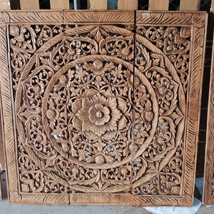 Brown Color Set of Mandala Wood Carving Panels 36 x 64 inches Wall Art Hanging Lotus wooden Carved Plaque Large Panel Asian Art Wall Hanging