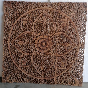 Natural Brown Color Mandala Wood Carving Panel 90 x 90 Cm Lotus Wooden plaque Wall Art Decor Asian Art Thai Wood Home Decor Handmade