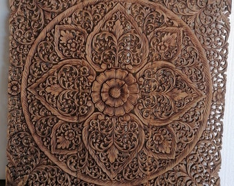 Natural Brown Color Mandala Wood Carving Panel 90 x 90 Cm Lotus Wooden plaque Wall Art Decor Asian Art Thai Wood Home Decor Handmade