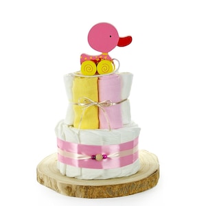Pink Pull-Along Duck Diaper Cake | Baby Girl Birth Gift | Baby Shower | 2-Tier | 21-Piece