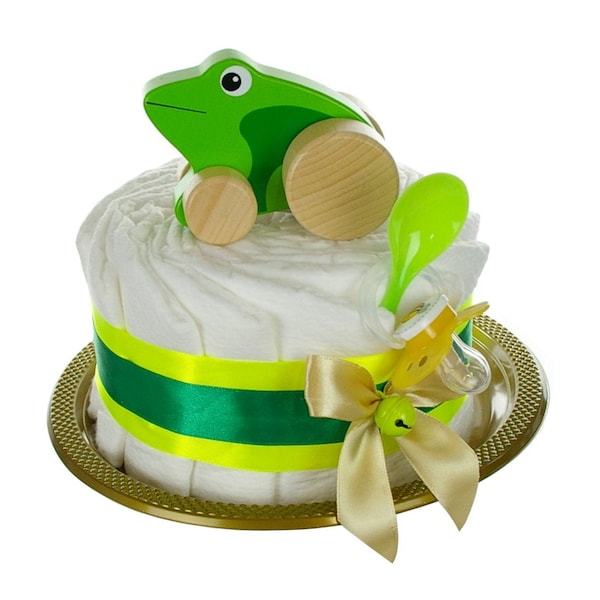 Gâteau à couches en bois coulissant animal FROG vert - Cadeau neutre pour la naissance | Gâteau de couches Pampers