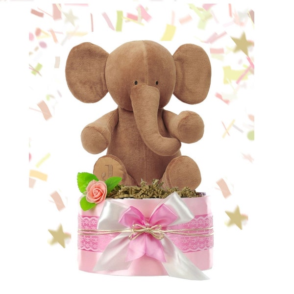 Windeltorte Mädchen LITTLE PEANUT inkl. großem Baby Kuscheltier Elefant (rosa) Geschenk zur Geburt Babyparty Babyshower