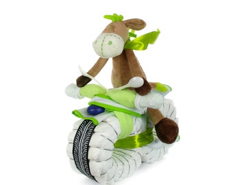 Couche moto vert Rockstar avec peluche jouet âne | Cadeau bébé pour la naissance Baby Party Baby Shower Diaper Cake Moto