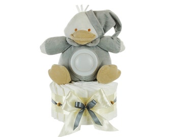 Windeltorte neutral | Baby Kuscheltier Ente mit LED-Nachtlicht 35cm (grau) Babyparty Babyshower