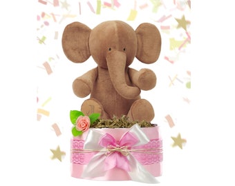 Windeltorte Mädchen LITTLE PEANUT inkl. großem Baby Kuscheltier Elefant (rosa) Geschenk zur Geburt Babyparty Babyshower