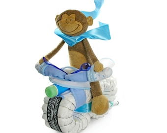 Windelmotorrad ROCKSTAR mit Fahrer blau | Fahrer Affe | Baby Geschenk zur Geburt Windeltorte Motorrad
