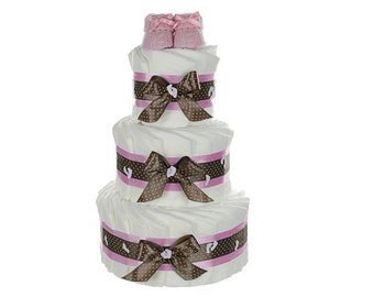 Grandi torte di pannolino per ragazze BABYBOOTIES | 3 piani | rosa