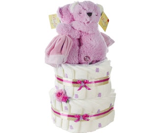 Windeltorte Zwillinge Bärenschwestern | 2x Spieluhr rosa Teddybär | Geschenk zur Geburt Zwillingsbrüder | Babyparty Zwillinge Mädchen