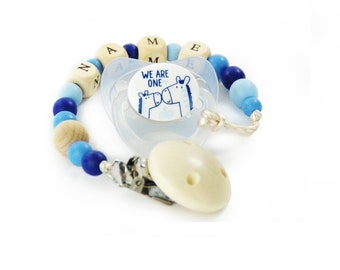 Baby Schnullerkette mit Namen aus Holz | Marble blau | Baby Geschenk personalisiert