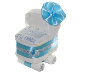 Windeltorte Windelwagen blau Junge - Babyboy Windelkinderwagen aus Pampers Geschenk zur Geburt Windelwagen