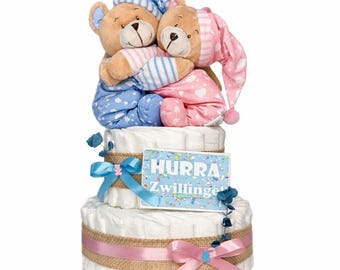 Windeltorte Zwillinge Bärengeschwister rosa/blau | Geschenk zur Geburt Babyparty Baby Shower Junge und Mädchen