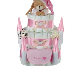 Grande castello di torta di pannolini | Orsetto musicale | Rosa personalizzabile