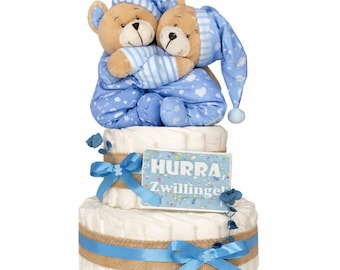 Windeltorte Zwillinge Bärenbrüder blau/blau | Geschenk zur Geburt für Baby Zwillingsjungs 2x Spieluhr Bär | Baby Shower Babyparty