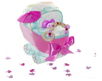 Windeltorte Kinderwagen personalisiert | Windelwagen rosa Baby Mädchen + Greifling mit Name | Geschenk zu Geburt, Babyparty, Taufe,..