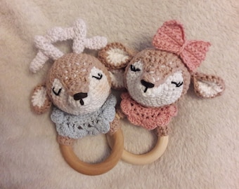 Grasping toy Matilda, teething ring, rattle, amigurumi, baby toy, outdoors, teething, deer, reindeer, deer, handmade