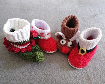 Elf shoes, reindeer shoes, Santa Claus shoes, Mrs. Claus shoes, crocheted, for babies