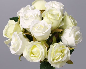 12 Rosen als Strauß, Kunst-Blumen Blumenstrauß für Hochzeit Dekoration Weiß/Hellgrün