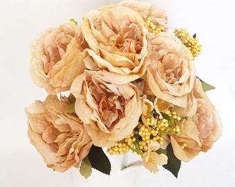 Rose vintage, bouquet con 7 peonie piante artificiali fiori artificiali champagne