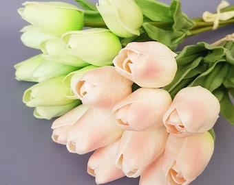 10 Tulpen als Strauß, Kunst-Blumen Blumenstrauß für Hochzeit Dekoration Grün Rosa