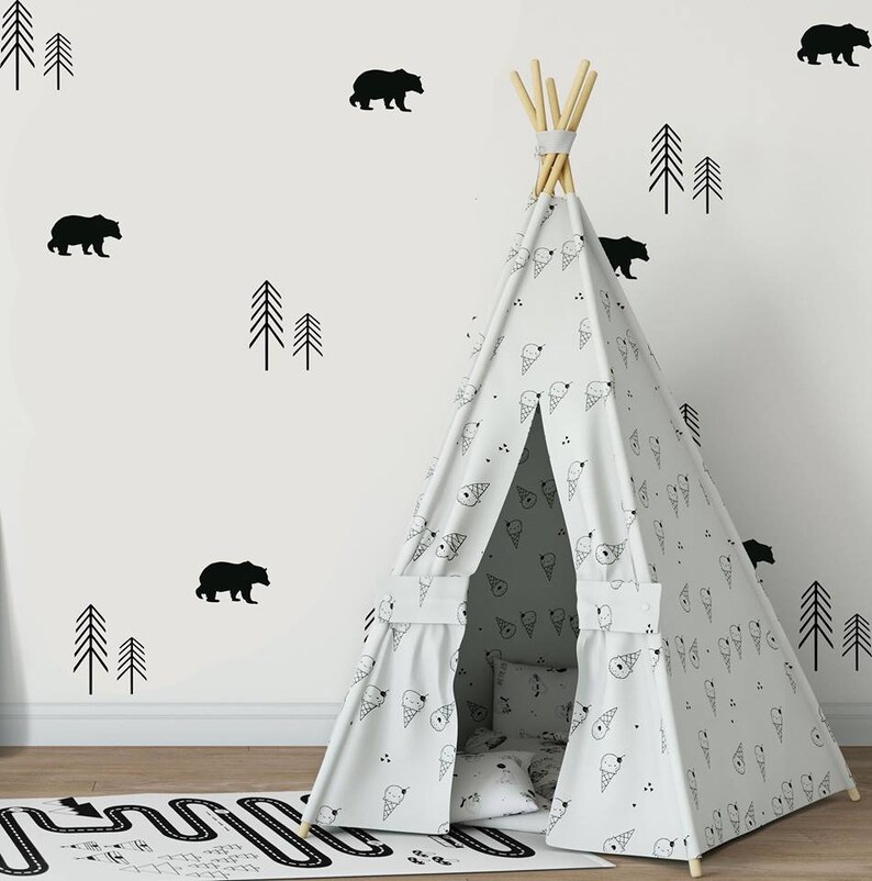 Nursery Decals Woodland Decals Bear And Forrest Trees Wall Sticker Nursery Wall Sticker Nature Wall Decals Scandinavian Kid Decals