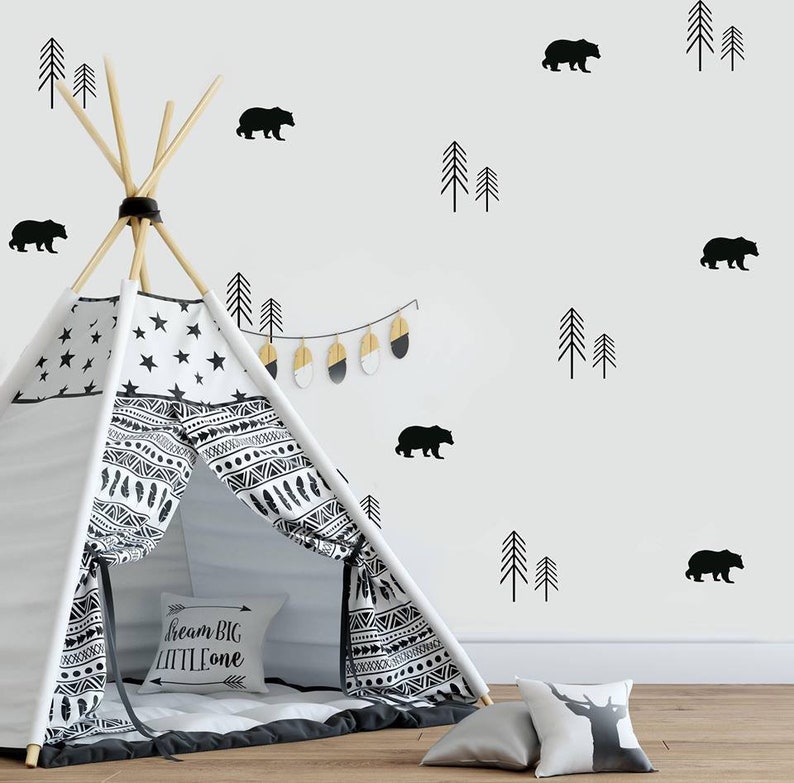 Nursery Decals Woodland Decals Bear And Forrest Trees Wall Sticker Nursery Wall Sticker Nature Wall Decals Scandinavian Kid Decals