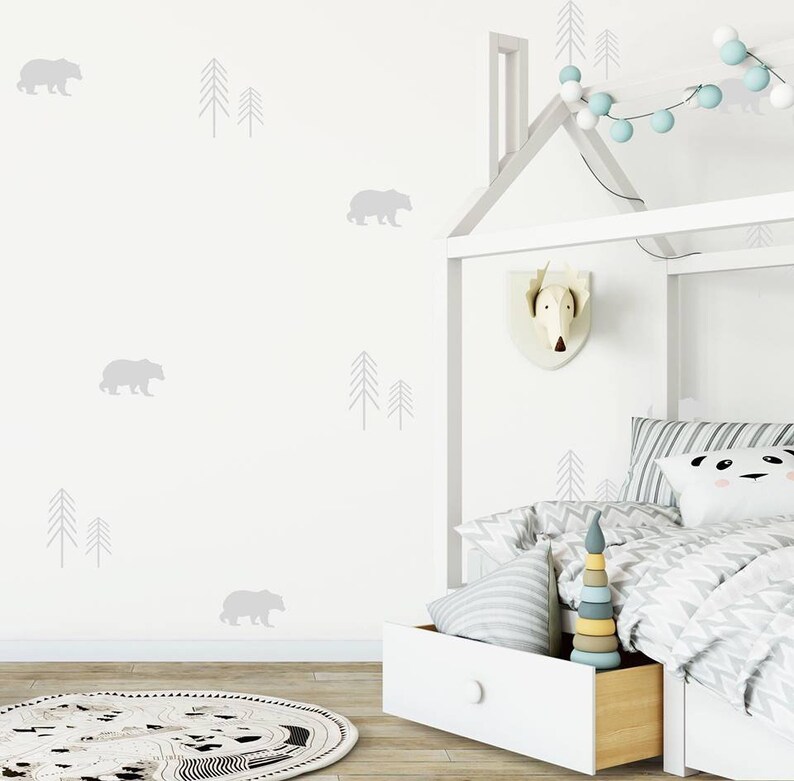 Nursery Decals Woodland Decals Bear And Forrest Trees Wall Sticker Nursery Wall Sticker Nature Wall Decals Scandinavian Kid Decals