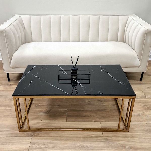 Black Marble Effect Coffee Table Vintage Gold Frame - Casano