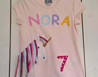 PRIPI*Camiseta de cumpleaños unicornio con pelo para peinar *si se desea con nombre* niña