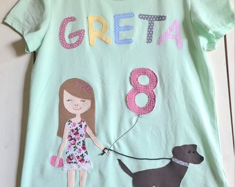 PRIPI* Camiseta de cumpleaños para niñas con perro *personalizada con nombre y número a pedido