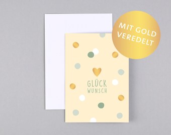 Glückwunschkarte, Kommunion, Konfirmation, Taufe, Punkte, Herz, Grußkarte mit Goldveredelung // Klappkarte Marie