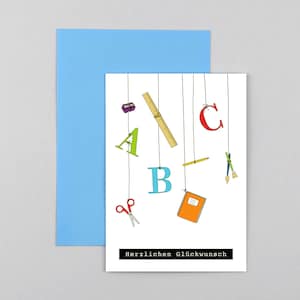 Einschulungskarte, Schulanfang, Buchstaben, Grußkarte mit Umschlag // Klappkarte Finn ABC