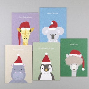 5 x Postkarte, Holzschliffpappe, Set, Weihnachten, Merry Christmas, Tiere mit Mützen, Alpaka, Giraffe, Koala, Nilpferd, Pinguin // Gitte Set