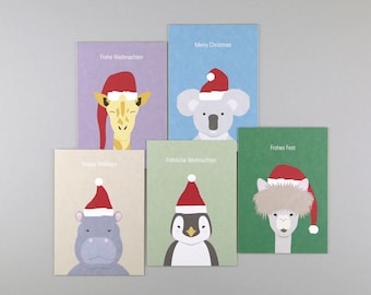 5 x Postkarte, Holzschliffpappe, Set, Weihnachten, Merry Christmas, Tiere mit Mützen, Alpaka, Giraffe, Koala, Nilpferd, Pinguin // Gitte Set