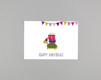Postkarte zum Geburtstag, Happy Birthday, Schildkröte, Wimpelkette // Postkarte Max Schildkröte