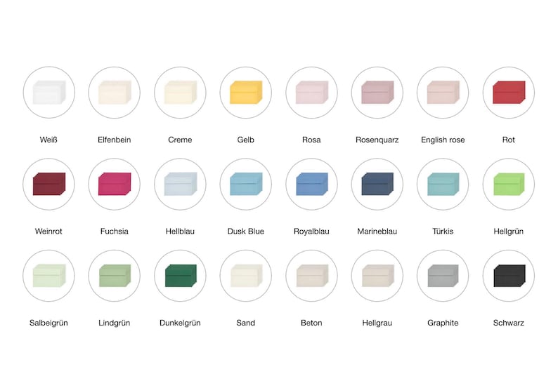 Op de afbeelding: Een kleurenkaart met 36 verschillende kleuren, elke kleur wordt weergegeven door een klein vierkant in een cirkel. De kleuren zijn in het Duits gelabeld, waaronder wit, cr&egrave;me, geel, roze, rood, wijnrood, fuchsia, lichtblauw, donkerblauw, koningsblauw, marineblauw, turquoise, lichtgroen, saliegroen, limoengroen, donkergroen, zand, beton, lichtgrijs, grafiet en zwart.