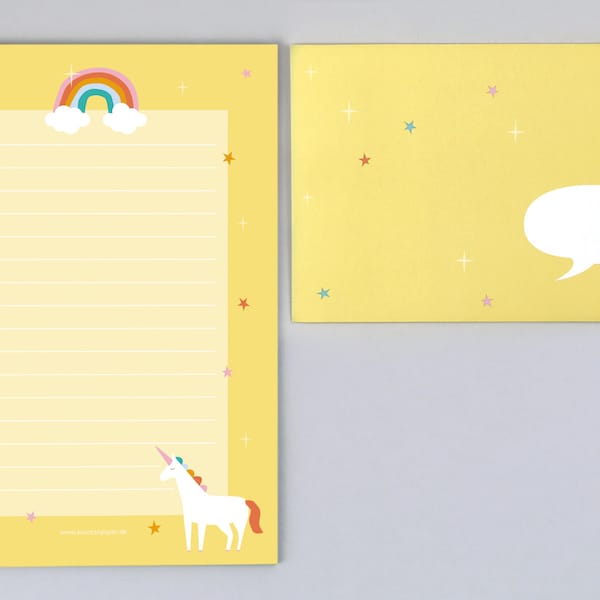 Briefpapier, Schulkind, schreiben, Regenbogen, Einhorn, Schreibblock mit Umschlag // Briefpapier-Set Paula