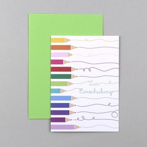 Einschulungskarte, Schulanfang, Buntstifte, Grußkarte mit Umschlag // Klappkarte Samuel