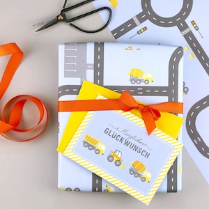 Set zum Geburtstag, Glückwunschkarte, Geschenkpapier, Geschenkband, Bob der Baumeister, Baustelle, Bagger // Geschenkverpackungs-Set Bob