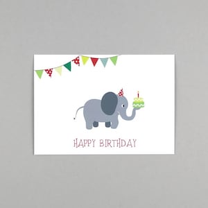 Postkarte zum Geburtstag, Happy Birthday, Elefant, Wimpelkette // Postkarte Max Elefant