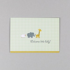 Postkarte zur Geburt, Glückwunsch, Tiere, Giraffe, Elefant, Schäfchen // Postkarte Felix