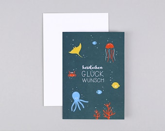 Greetings card, birthday, underwater, sea creatures, jellyfish, fish, greeting card with envelope // folding card Eric